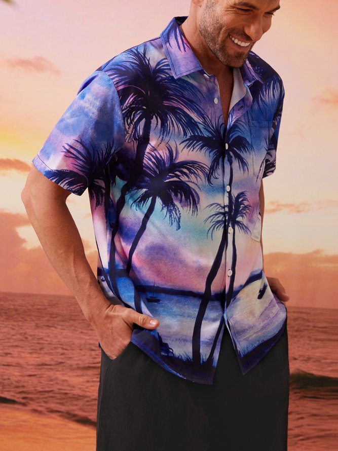 Mens Coconut Tree Sunset Print Casual Breathable Chest Pocket Short Sleeve Hawaiian Shirt