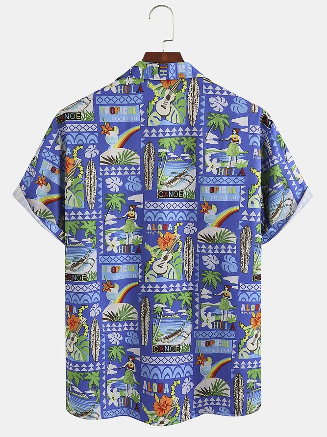 Mens Retro  Hawaiian Wonderland Print Hydrocool Fabric Quick Dry Casual Breathable Short Sleeve Aloha Shirt