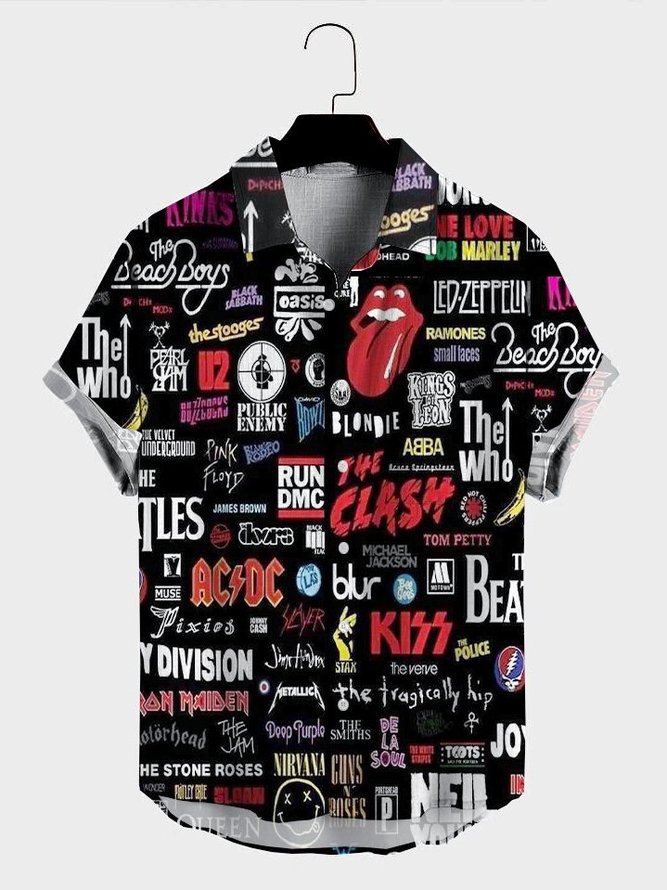 Mens Rock & Roll Punk Print Lapel Casual Loose Short Sleeve Hawaiian