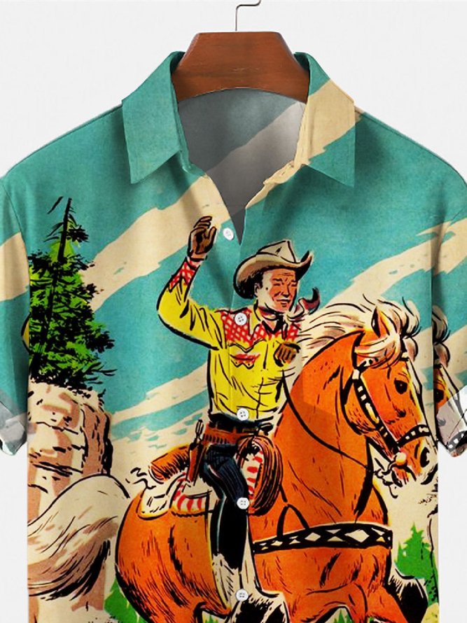 Men's Retro Western Cowboy Pocket Equestrian Casual Loose Comics Print Up To 4XLT Shirt