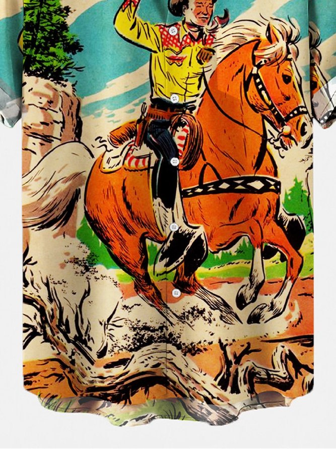 Men's Retro Western Cowboy Pocket Equestrian Casual Loose Comics Print Up To 4XLT Shirt