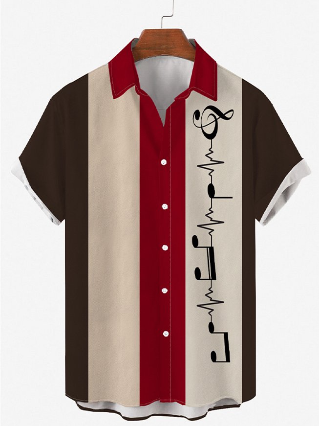 Mens Music Notes Print 50s Vintage Style Bowling Shirt