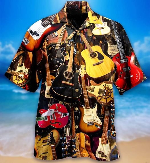 Mens Guitar Print Casual Breathable Short Sleeve Hawaiian Shirts