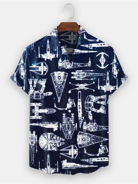 Mens Aerospace Machine Print Casual Breathable Short Sleeve Hawaiian Shirt