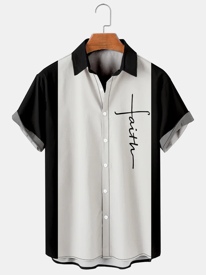 Mens Crucifix Print Casual Breathable Short Sleeve Bowling Shirt