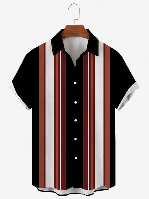 Mens Striped Print Round Hem Loose Short Sleeve Bowling Hawaiian Shirts