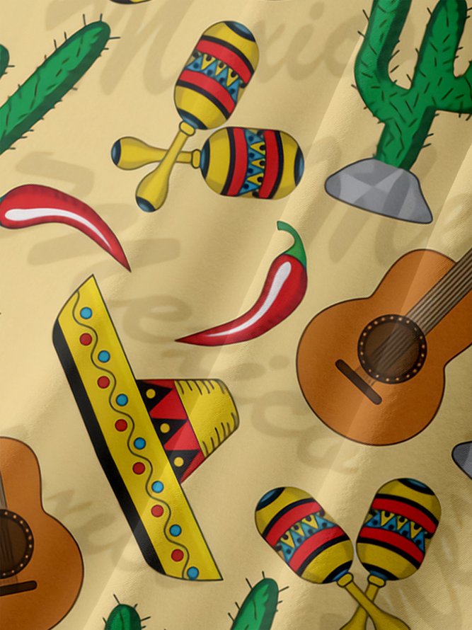 Mens Cinco de Mayo Guitar Hat Print Casual Breathable Bowling Shirt