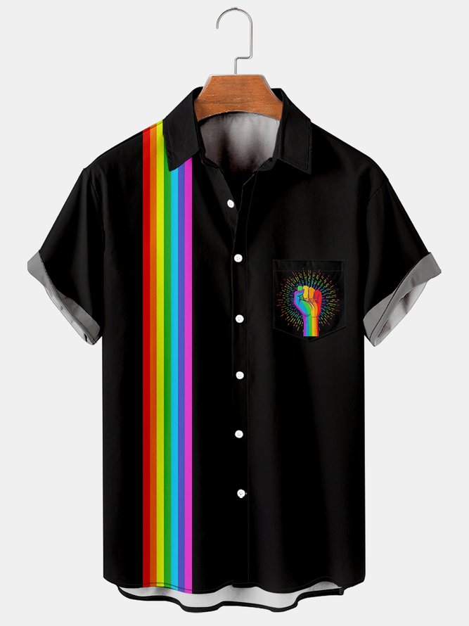Mens LGBT Colorful Striped Print Lapel Loose Chest Pocket Short Sleeve Funky Hawaiian Shirt