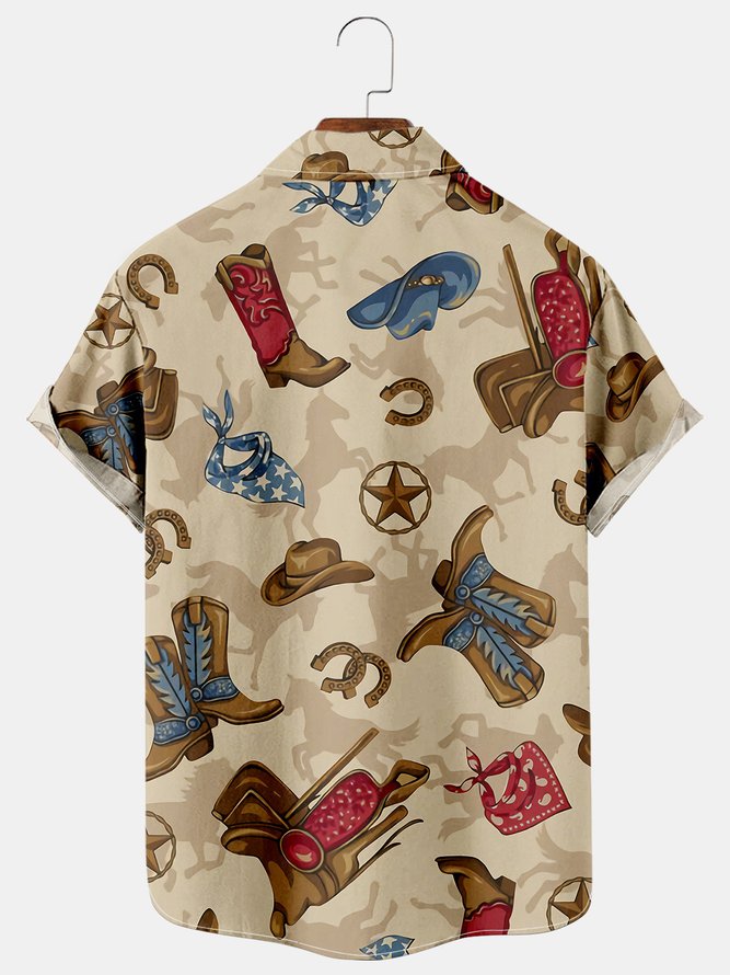 Men's Western Denim Style Printed Casual Short Sleeve Hawaiian Shirt