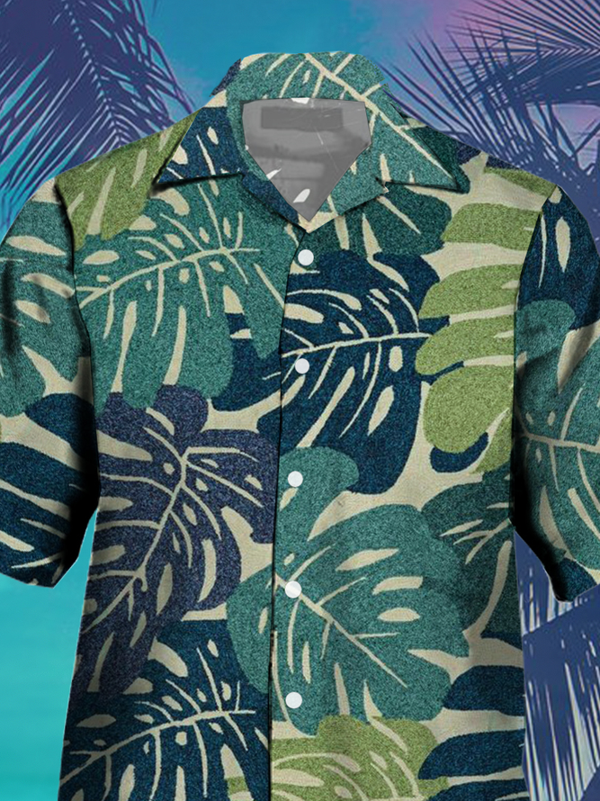 Mens Tropical Leaves Print Casual Breathable Short Sleeve Shirt