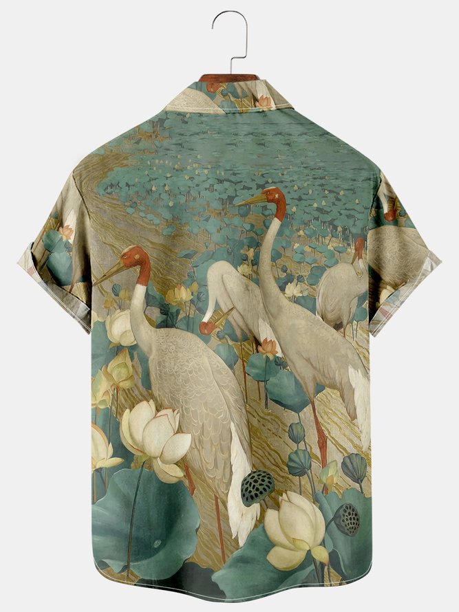 Mens Japanese Ukiyoe Grus Japonensis Lapel Loose Chest Pocket Short Sleeve Funky Hawaiian Shirts