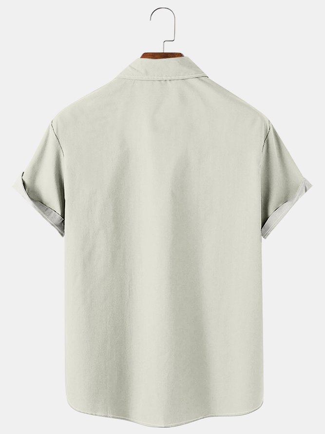 Mens Basic Stripes Print Lapel Chest Pocket Short Sleeve Bowling Shirts