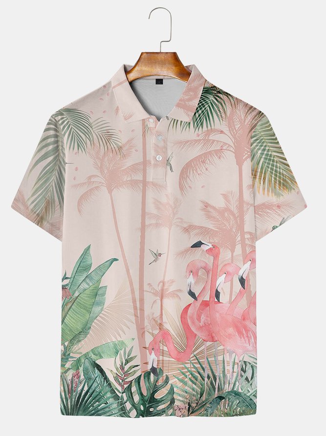 Resort-style Hawaiian Coconut Flamingo Element Lapel Short Sleeve Polo Print Top