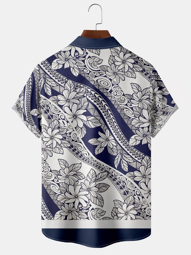 Mens Retro Floral Print Lapel Loose Short Sleeve Bowling Shirts