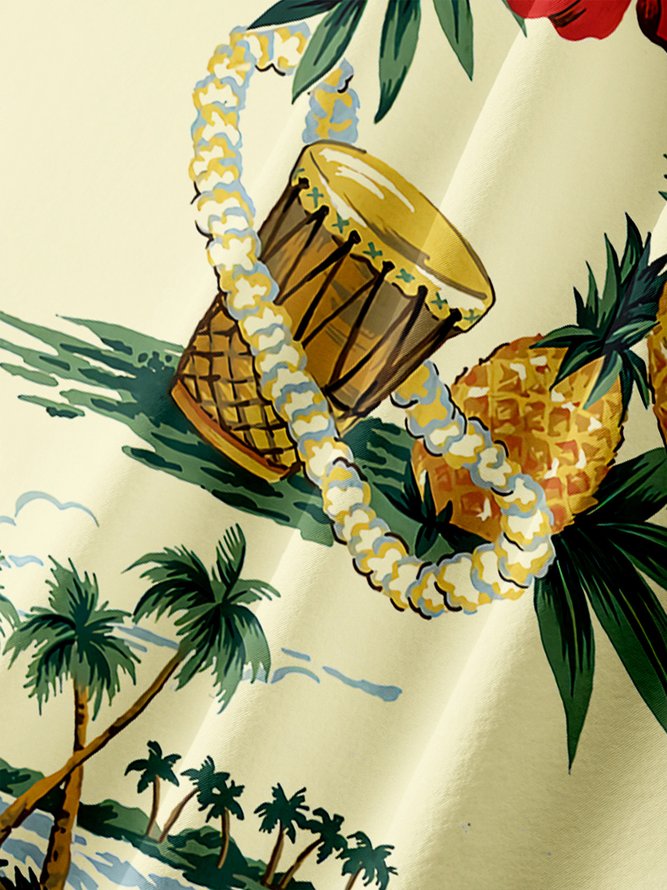 Men's Vintage Coconut Tree Guitar Print Casual Breathable Hawaiian Short Sleeve Shirt