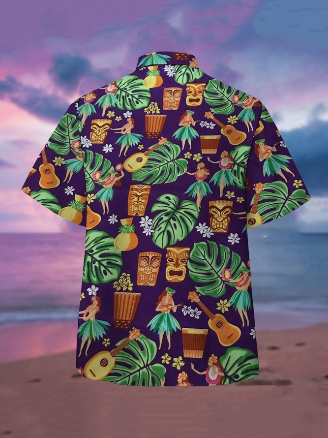Mens Vintage Hawaiian Tiki Music Print Casual Short Sleeve Aloha Shirts