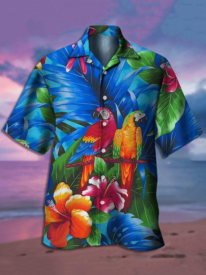 Mens Fancy Hawaiian Floral Parrots Print Casual Short Sleeve Aloha Shirt