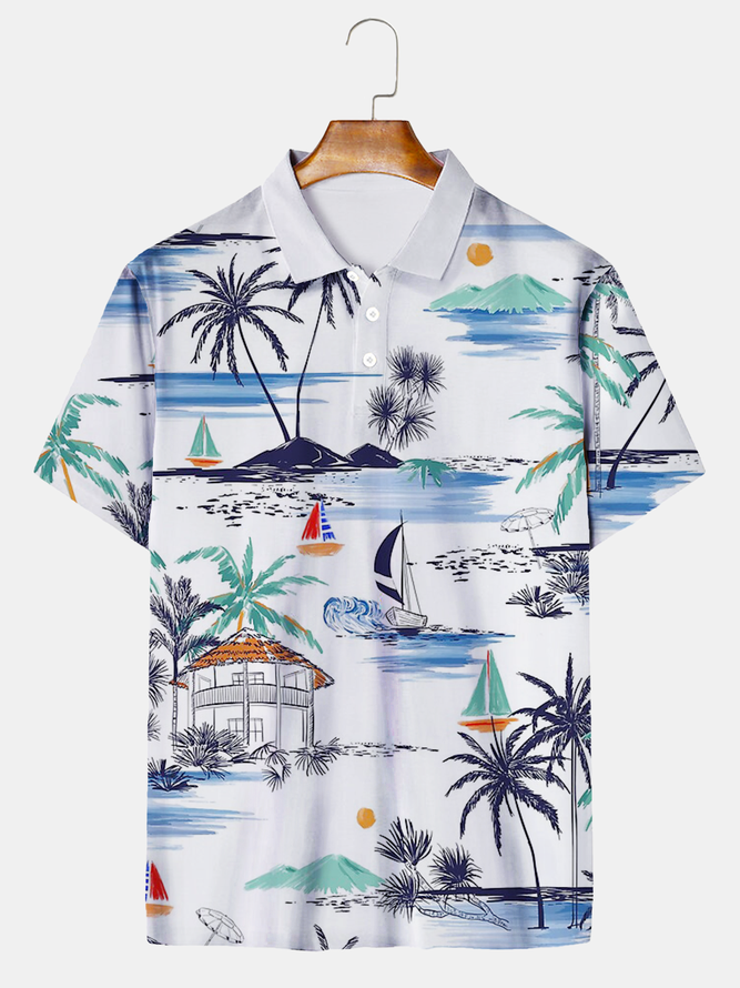 Resort Style Hawaiian Series Plant Coconut Tree Elements Lapel Short-Sleeved Polo Print Top