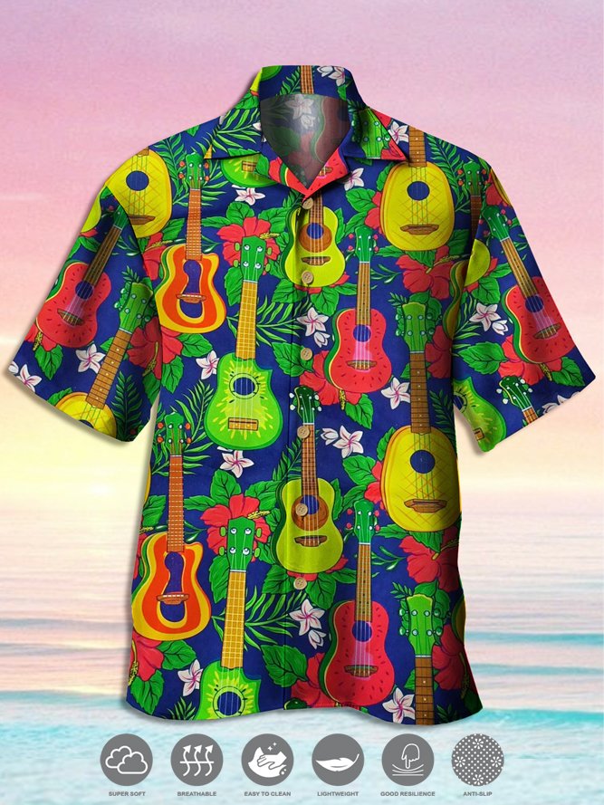 Mens Hawaiian Guitar Print Hydrocool Fabric Quick Dry Casual Breathable Short Sleeve Shirt