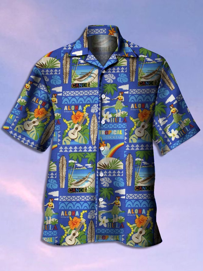 Mens Retro  Hawaiian Wonderland Print Hydrocool Fabric Quick Dry Casual Breathable Short Sleeve Aloha Shirt