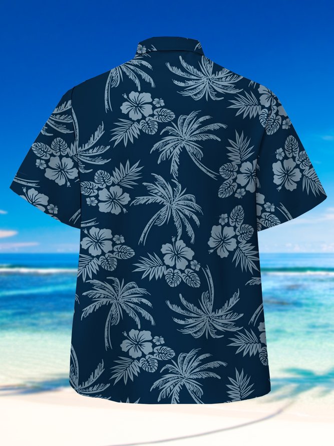 Men's Vintage Hibiscus Coconut Tree Print Casual Breathable Hawaiian Short Sleeve Shirt