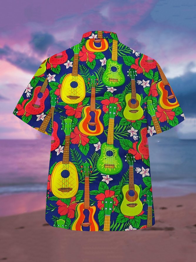 Mens Hawaiian Guitar Print Hydrocool Fabric Quick Dry Casual Breathable Short Sleeve Shirt