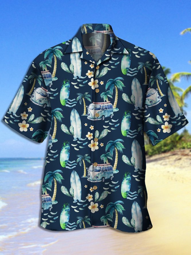 Men's Retro Car Coconut Tree Print Casual Breathable Hawaiian Short Sleeve Shirt
