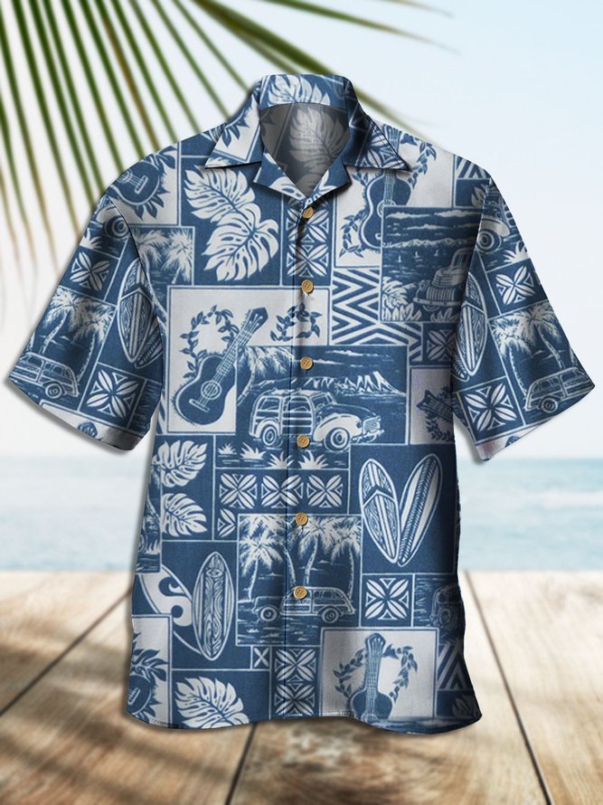 Men's Retro Music Coconut Tree Print Casual Breathable Hawaiian Short Sleeve Shirt