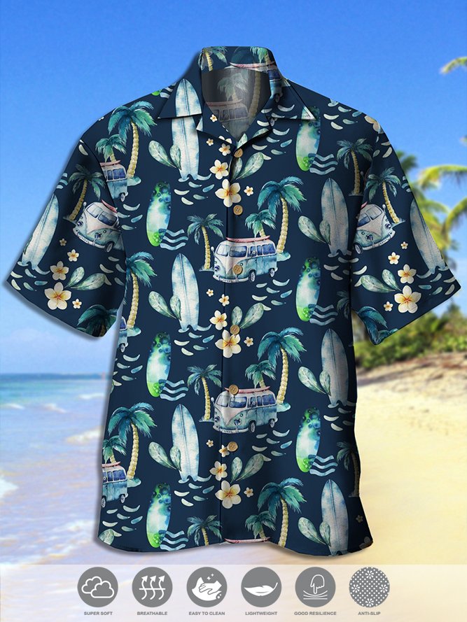 Men's Retro Car Coconut Tree Print Casual Breathable Hawaiian Short Sleeve Shirt