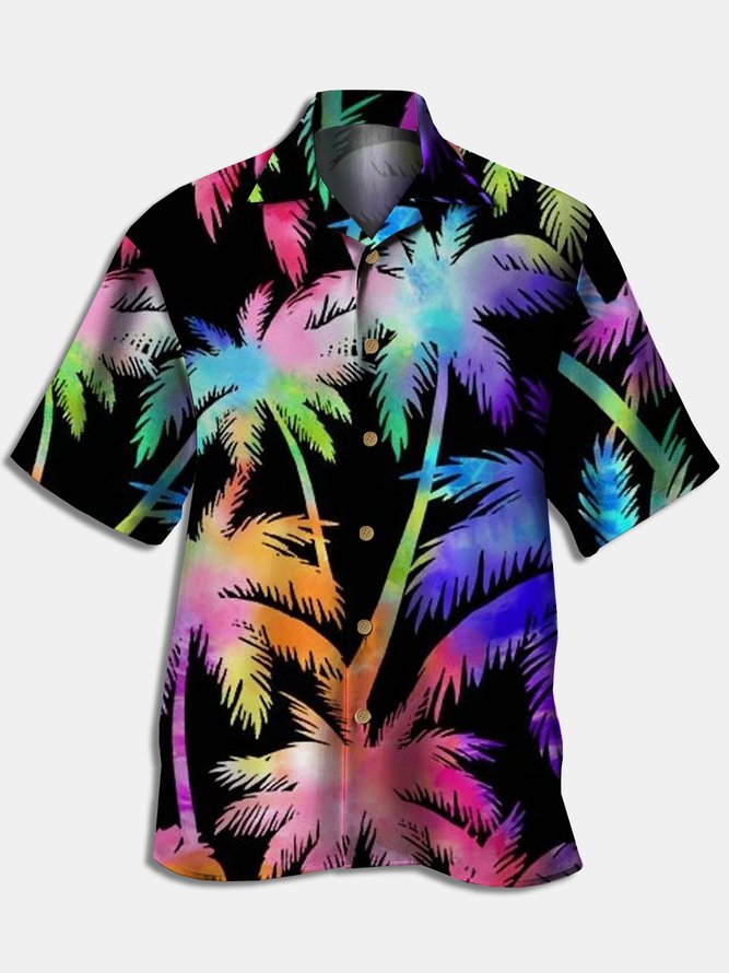 Mens Hawaiian Coconut Trees Print Lapel Loose Short Sleeve Funky Aloha Shirts