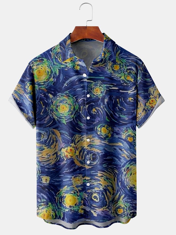 Mens Art Painting Starry Night Print Lapel Chest Pocket Short Sleeve Funky Aloha Shirts