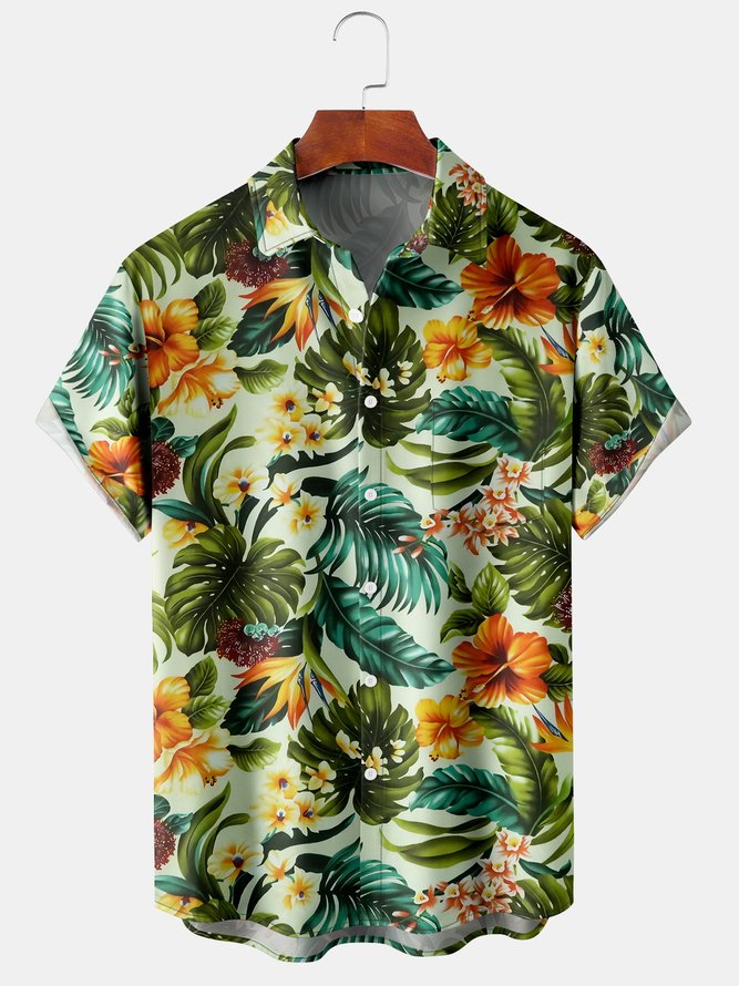 Mens Hawaiian Tropical Floral Print Lapel Loose Chest Pocket Short Sleeve Funky Aloha Shirt