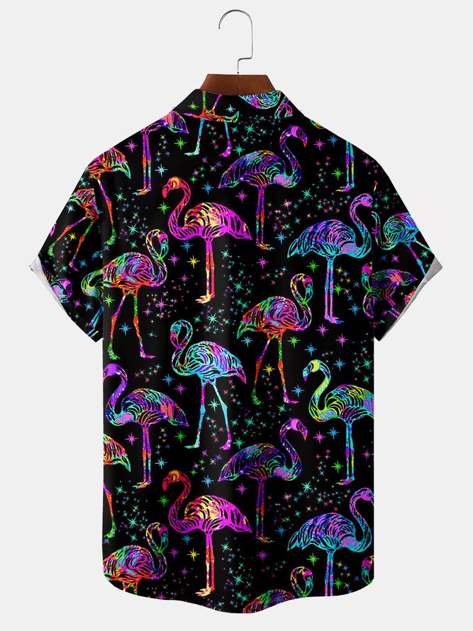 Mens Hawaiian Tropical Flamingo Print Lapel Loose Chest Pocket Short Sleeve Funky Aloha Shirts