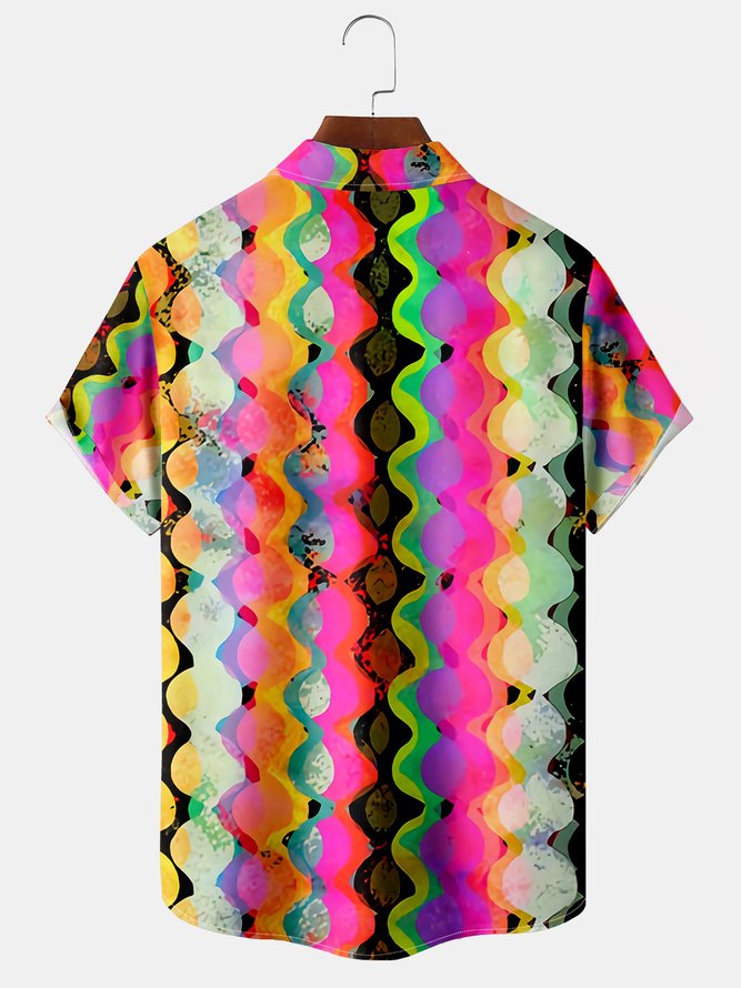 Mens Funky Colorful Print Lapel Loose Chest Pocket Short Sleeve Hawaiian Shirts