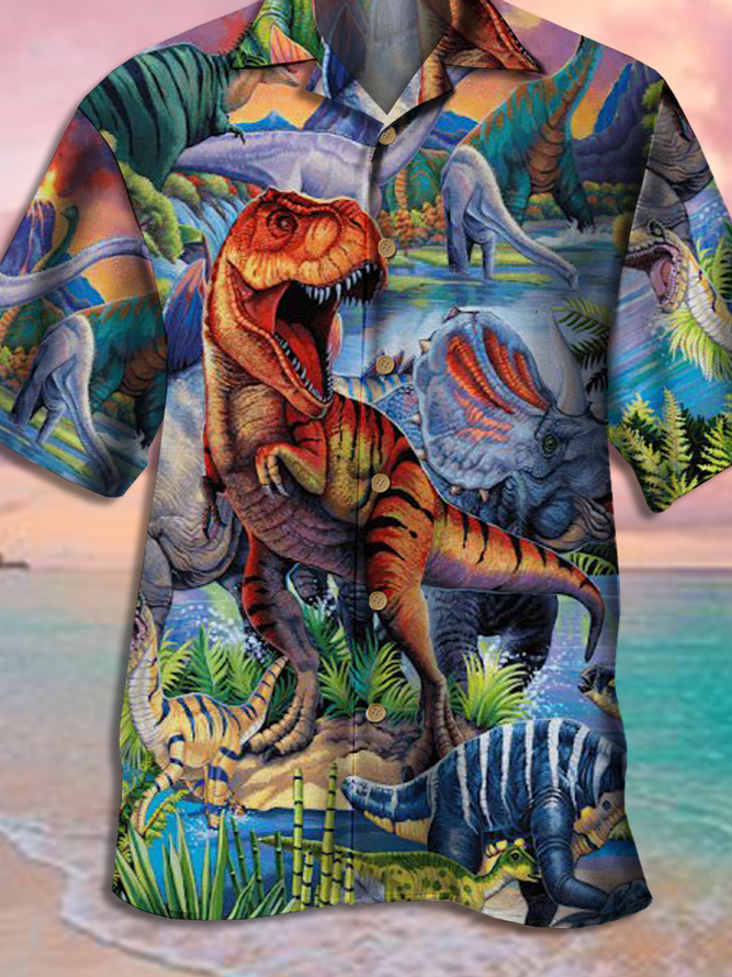 Mens Funky Dinosaurs Print Casual Breathable Short Sleeve Aloha Shirt