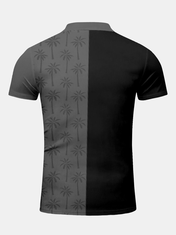 Resort-Style Hawaiian Botanical Leaf Stripe Geometric Pattern Lapel Short-Sleeved Polo Print Top