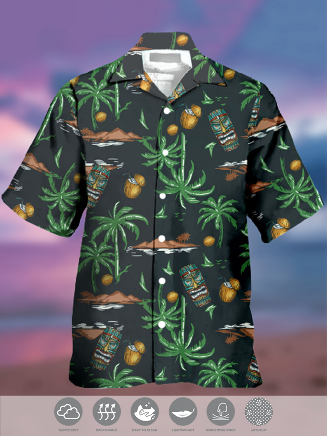 Men's Plant Element Printed Casual Moisture-Breathable Fabric Hawaiian Short Sleeve Shirt