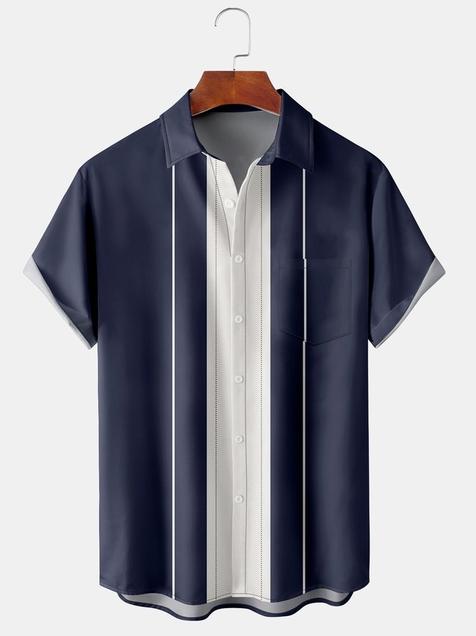 Mens Retro Striped Print Lapel Loose Chest Pocket Short Sleeve Classic Bowling Shirts