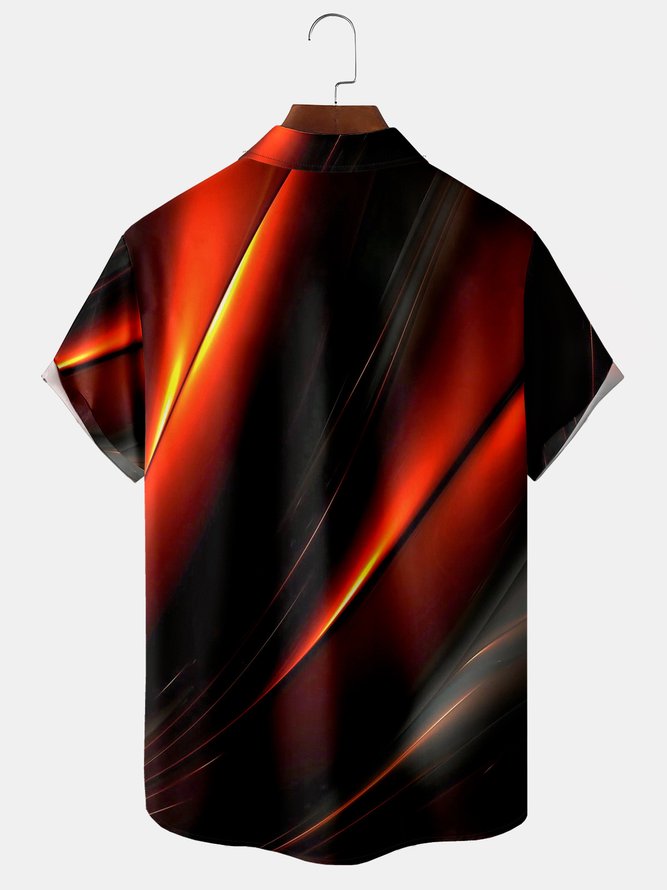 Men's Black Red 3D Geometric Line Print Casual Breathable Pocket Short Sleeve Shirt
