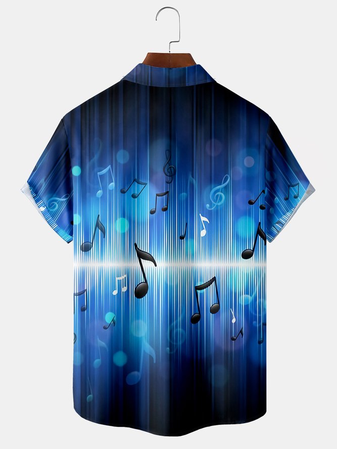 Mens Music Print Lapel Chest Pocket Short Sleeve Hawaiian Shirt