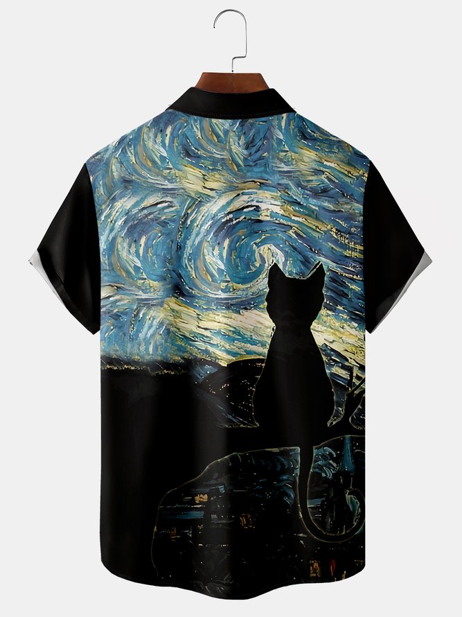 Mens Starry Night Black Cat Painting Print Lapel Chest Pocket Short Sleeve Hawaiian Shirts