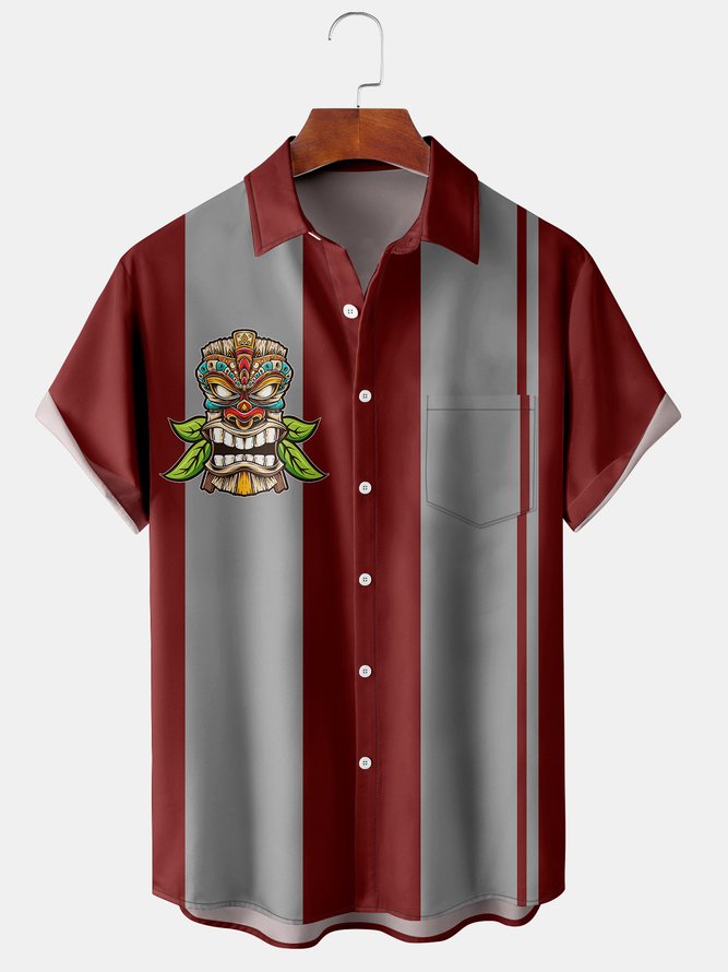 Mens Retro Hawaiian Tiki Print Lapel Chest Pocket Short Sleeve Bowling Shirts
