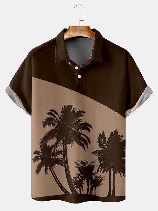 Holiday Style Hawaiian Series Botanical Coconut Tree Geometric Color Block Element Pattern Lapel Short-Sleeved Polo Print Top