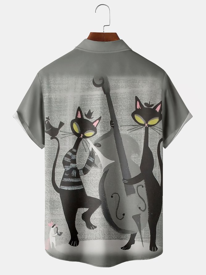 Mens Retro Cats  Print Lapel Chest Pocket Short Sleeve Aloha Shirts