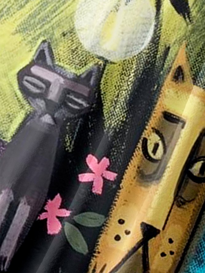 Men's Cat Illustration Print Moisture Absorbent Breathable Fabric Fashion Hawaiian Lapel Short Sleeve Shirt