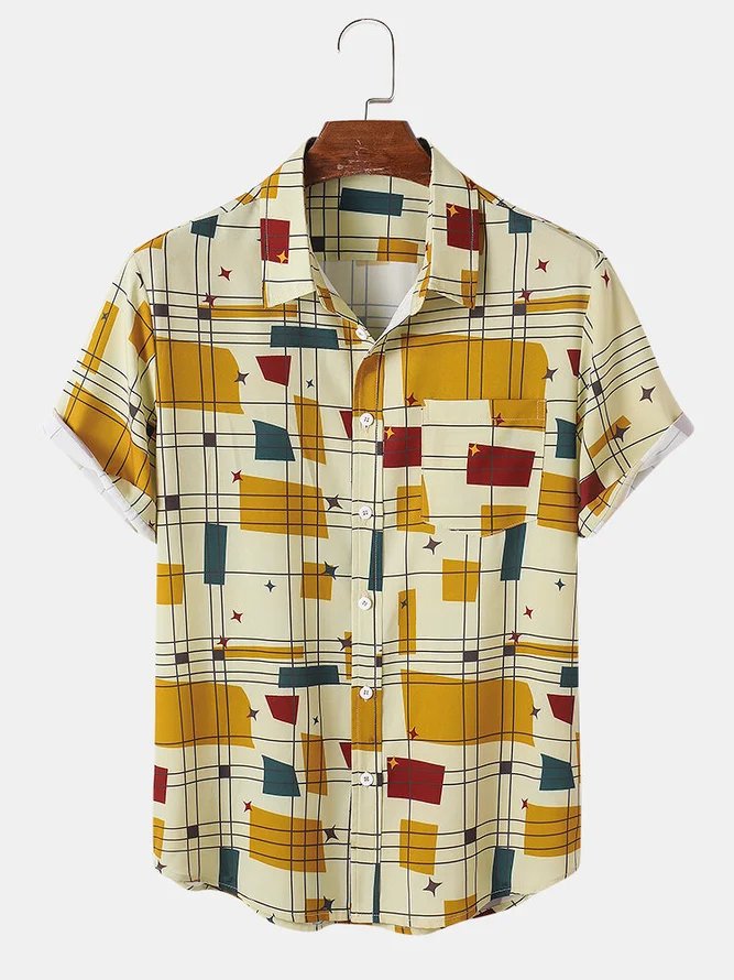 Mens Classic Casual Geo Print Lapel Short Sleeve Hawaiian Shirts