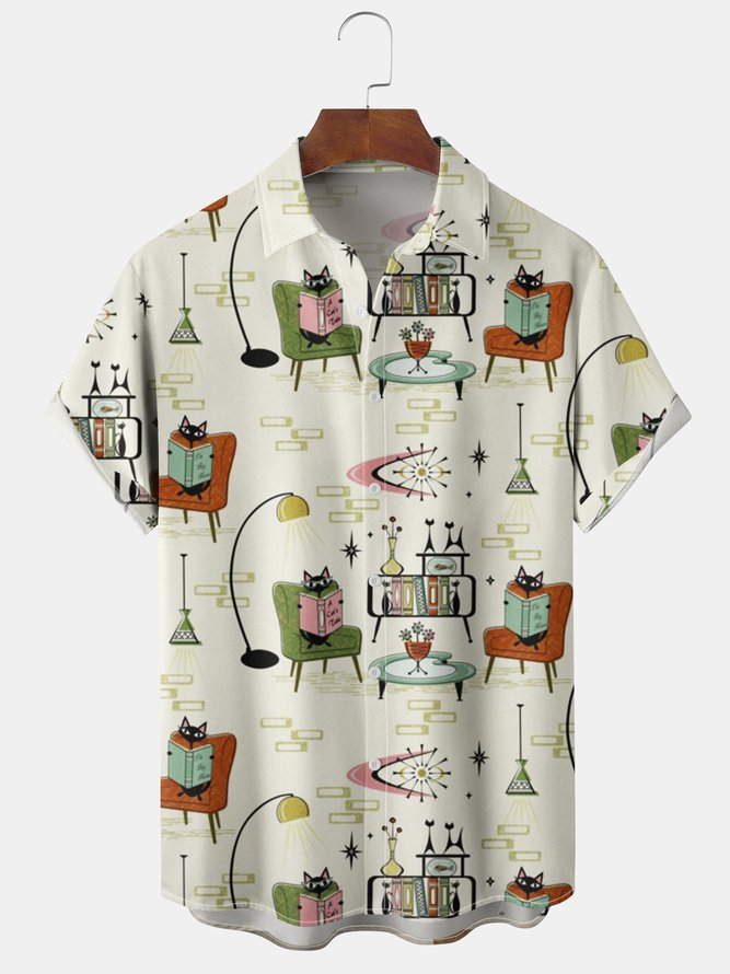 Men's Geometric Cat Print Casual Breathable Short Sleeve Shirt