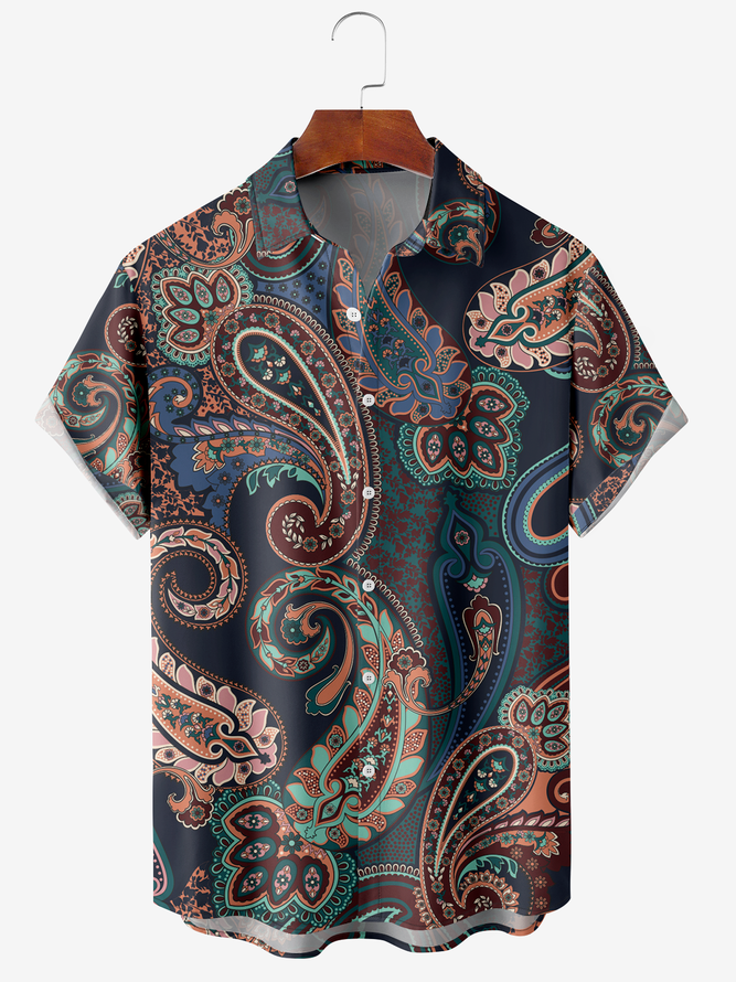 Men's Cashew Flower Floral Print Moisture-Breathable Fabric Hawaiian Lapel Short Sleeve Shirt