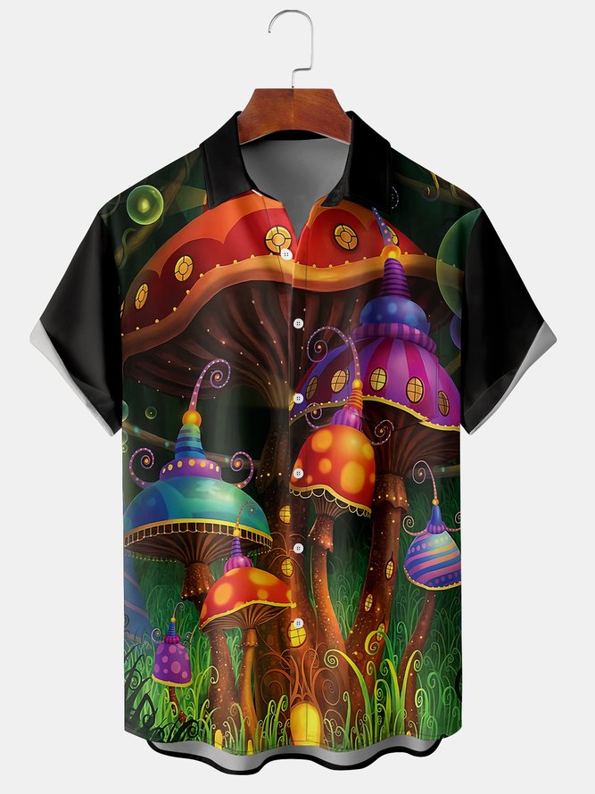 Mens Hippies Mushroom Print Front Buttons Soft Breathable Casual Hawaiian Shirt