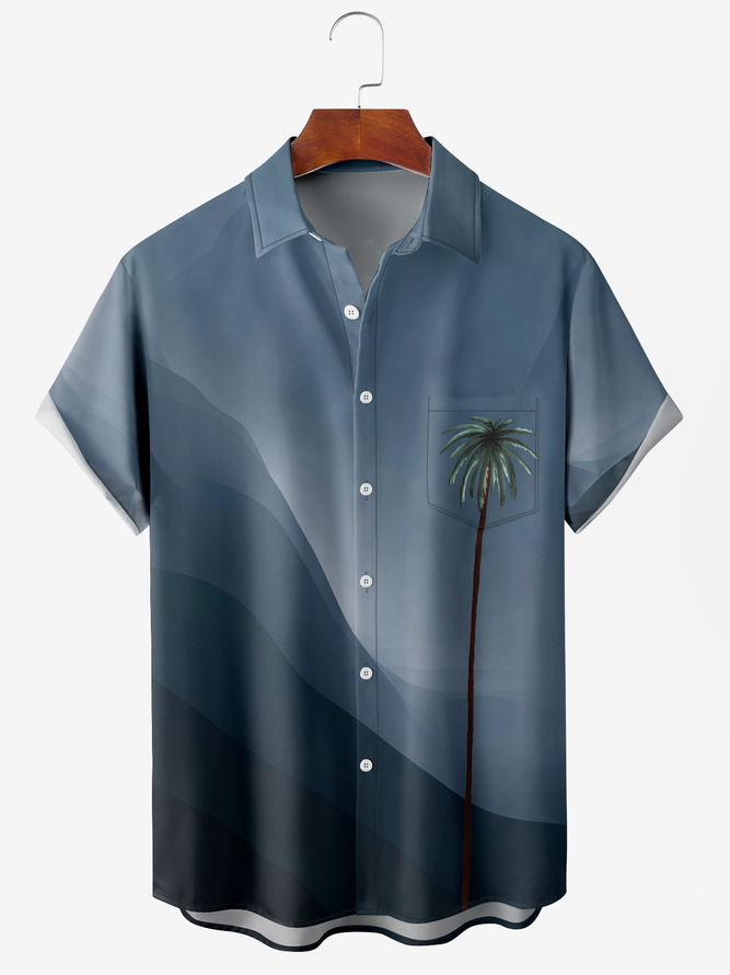 Men's Gradient Botanical Print Anti-Wrinkle Moisture Wicking Fabric Fashion Lapel Short Sleeve Shirt